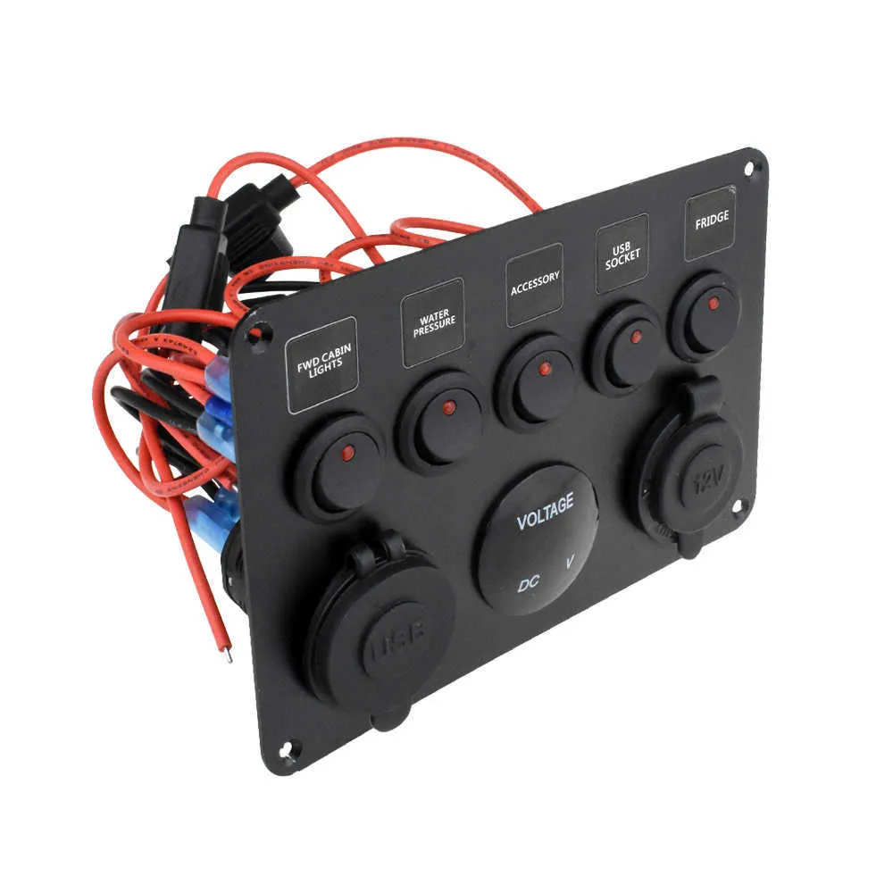 Painel de interruptor para barco, 5 gangues, painel de interruptor para carro, à prova d'água, voltímetro digital, porta usb dupla, combinação de tomada 12v, marinho, led rocker car3048