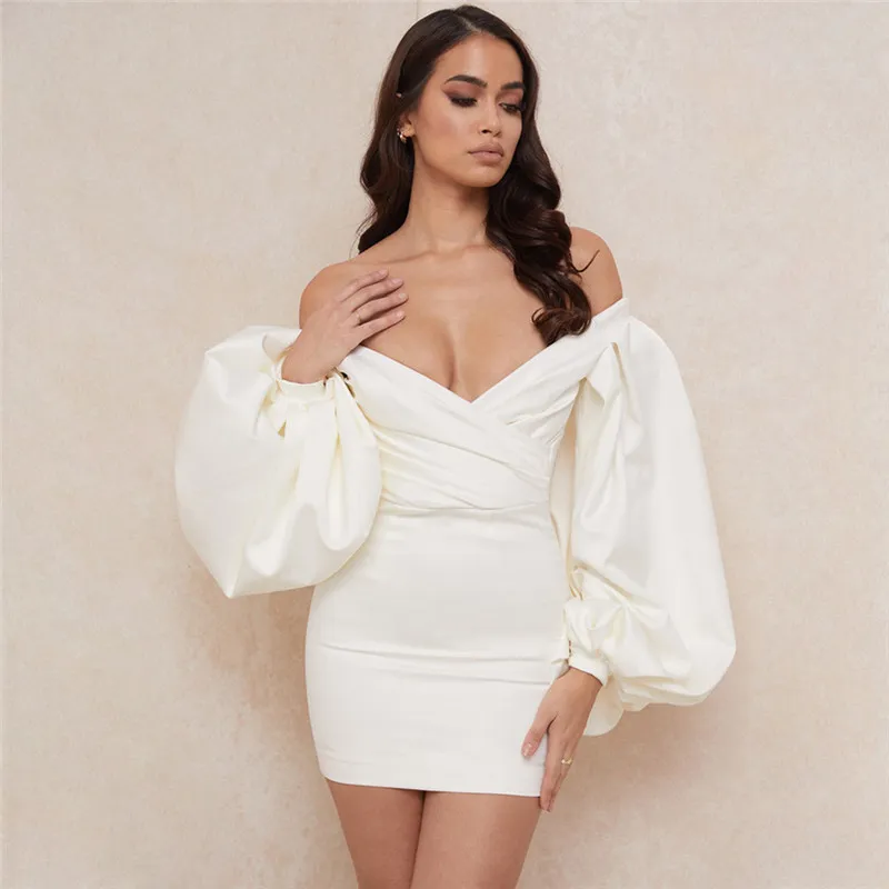 ISAROSE Satin Silk Dress Long Lantern Sleeves Off-shoulder White Party Double Layers Sexy Spring Autumn One-piece Mini Dresses 210422