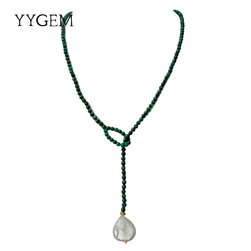 YYGEM 25 '' Naturlig odlad vit Keshi Pearl Green Malachite Lariat Sweater Chain Halsband för kvinnor