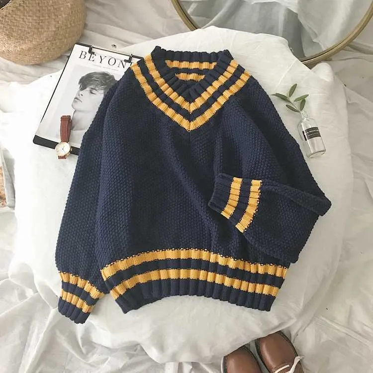 Autumn V-neck Sweater Women Vintage Jumper Blue Knitted Striped Sweaters For Women White Harajuku Sweater Pullover Winter Warm 210811