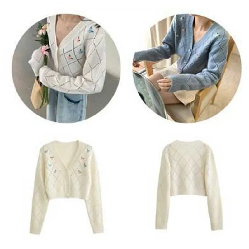 Spring Korean Women Sweater Small Flower Embroidery Knitted Coat Loose Retro V-neck Cute White Cardigan Blouse Top 211011