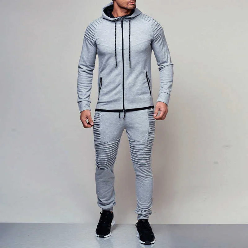 Set Men Fashion Tracksuit Zipper Running Hoodies Sweat Suits Men's Drawstring Pullover Outfit Workout Streetwear X0610