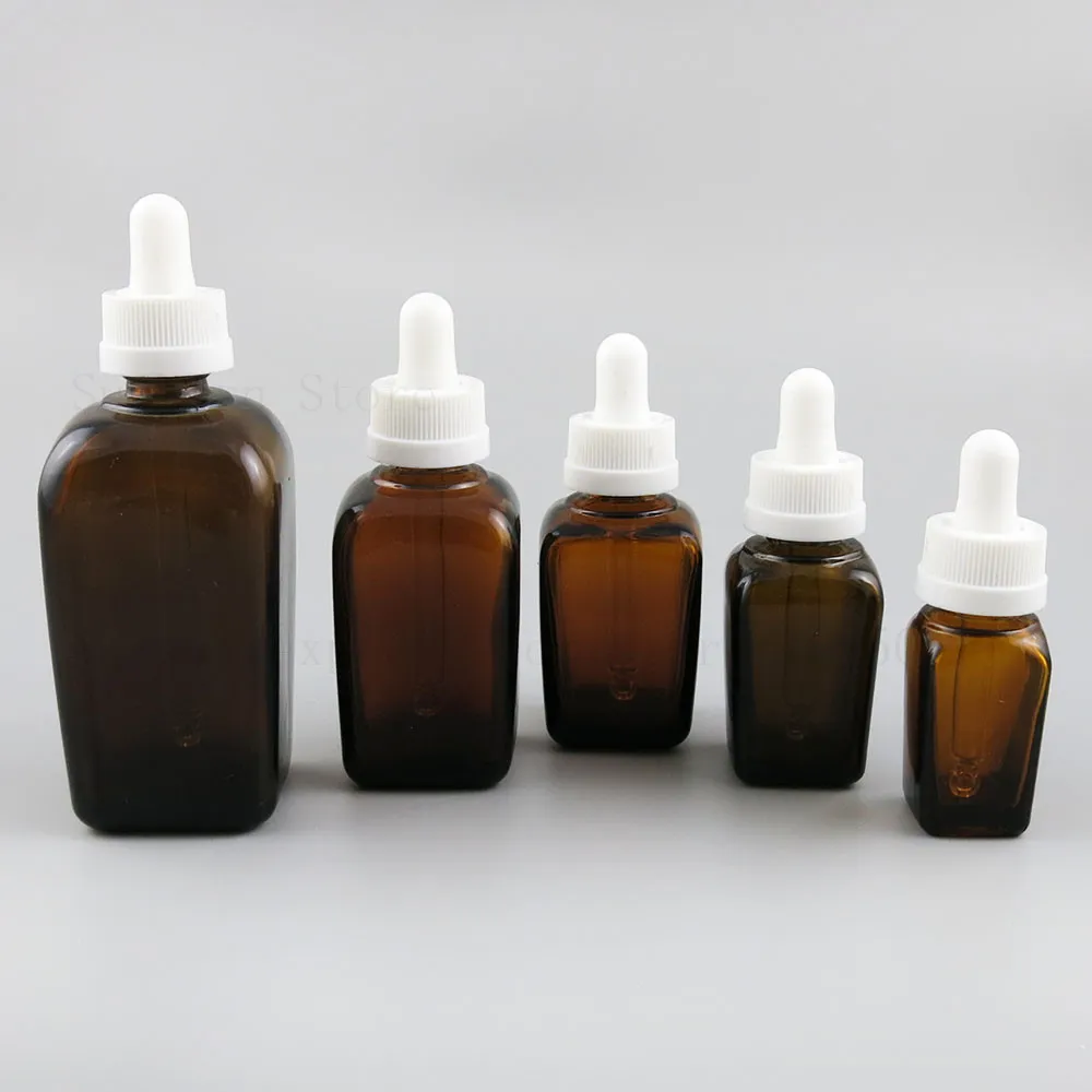 20 stks / partij Vierkant Amber Glas Drop Flessen Hervulbare Essentiële Olie Parfum E Liquid Pipet DRUPPER FLES COSMETICS-VIALS