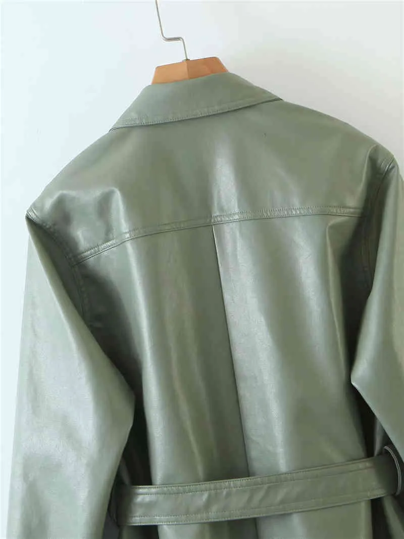 Elegante Frauen grün PU-Leder gekleidet Mode Dame Taschenjacken Streetwear weibliche Schleife Schärpen dünne Jacke Mädchen schicke Anzüge 210427