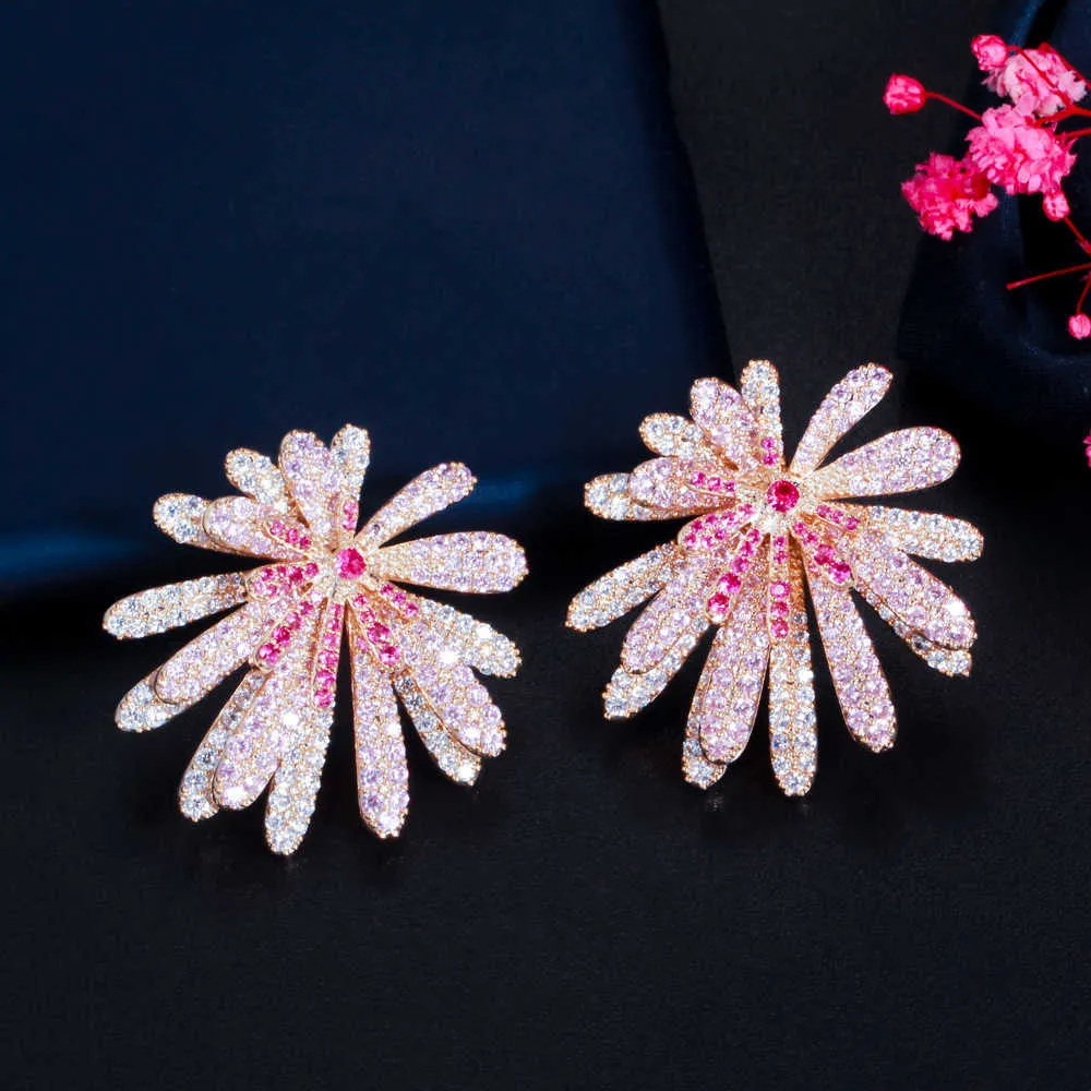 Boucles d'oreilles en zircone cubique rouge rose de styliste Unique, pavé de grandes fleurs géométriques pour femmes, bijoux de Costume de luxe CZ884 2107142414424