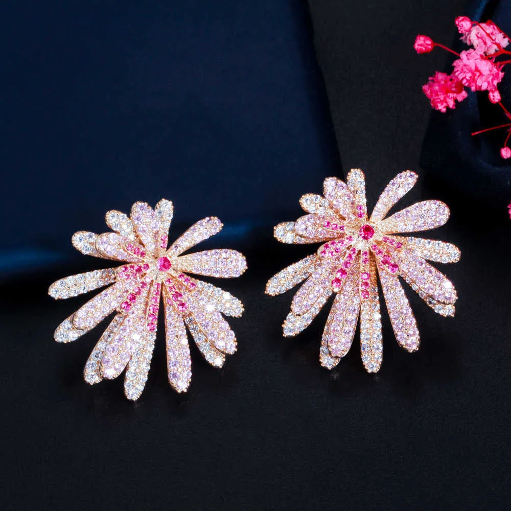 Designer unico rosa rosa zirconia cubica zirconia pavimentazione grandi orecchini di fiori geometrici donne in costume di lusso gioielli CZ884 2107146013805