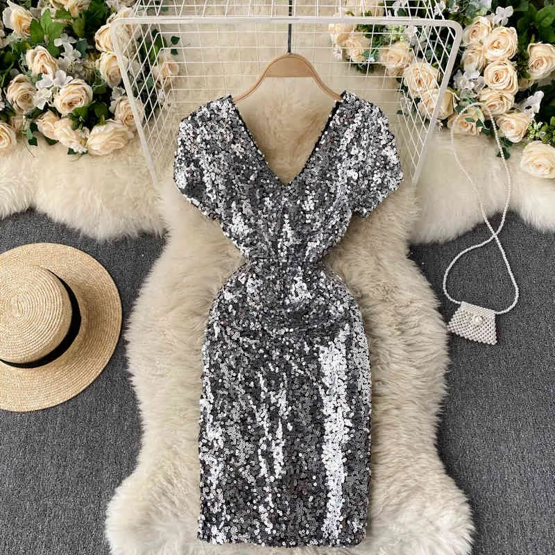 Singreiny Women Sequin Party Dress Summer Sexy Vネック半袖鉛筆ドレス韓国のソリッドスリムショートドレス210419