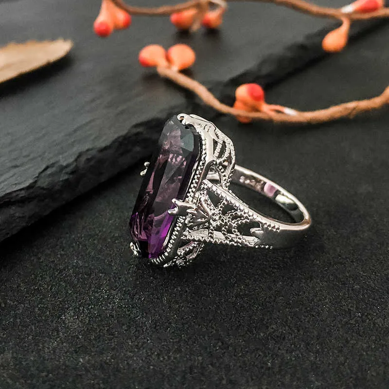 10 * 20 mm großer Amethyst-Edelsteinring, ausgehöhlter 925er-Sterlingring, übertriebener Silber-Handschmuck für Frauen