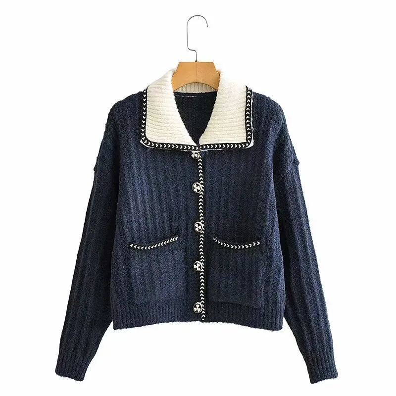 秋のヴィンテージの縞模様のラインコントラスト色のターンダウンカラーカーディガン編み物レトロセーター女性シングルブレストボタンジャンパー210429