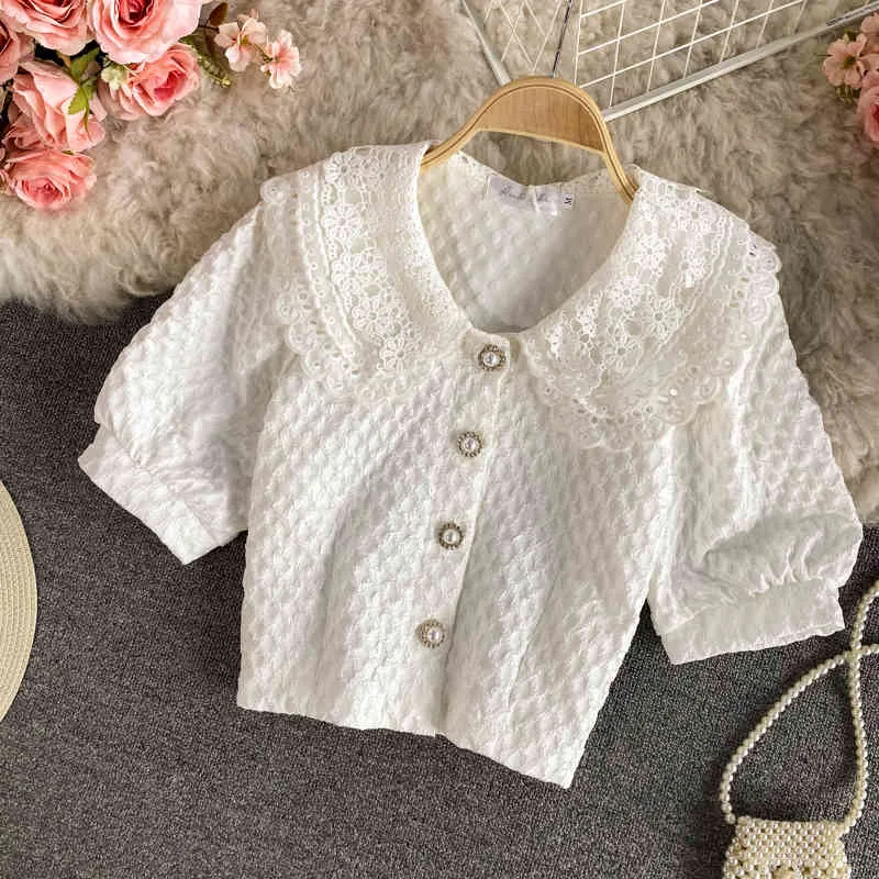 Coreano Francês Lace Hit Color Patchwork Peter Pan Collar Blouse Cause Curto Mulheres Camisa Verão Puff Sleeve Top 210514