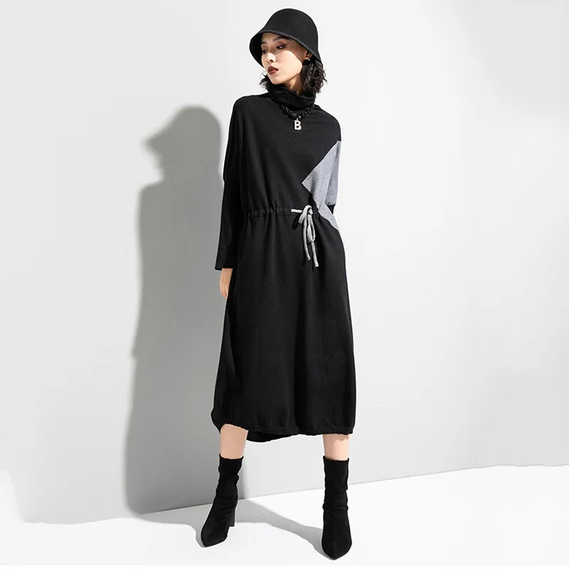 [Eam] Kvinnor Spliced ​​Drawstring Stickning Stor Storlek Klänning Turtleneck Långärmad Loose Fit Fashion Höst Vinter 1DD1333 21512