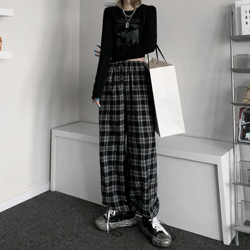 Kobiety Wysoka Talia Plaid Spodnie Lato Nowy Harajuku Styl Casual Odzież Prosto Elastyczna Talia Szeroka noga Luźne Spodnie Trend Q0801