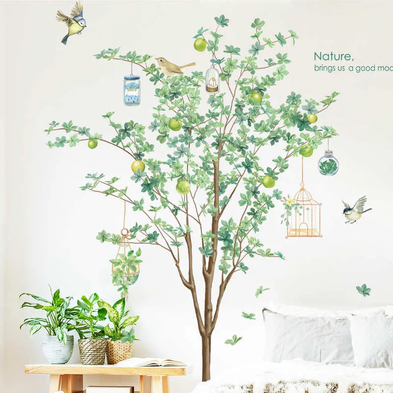 緑の木の壁のステッカービニールのリビングルームの家の装飾ポスター春の鳥デカールの取り外し可能210705