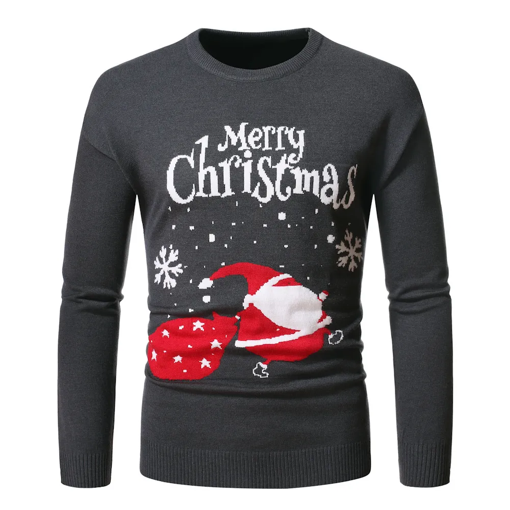 Xmas Sweater Mens O-Neck Printing Santa Claus Christmas Pullover Men Warm Casual Slim Oversized Ribbed Hem Coat Winter Clothes 210524