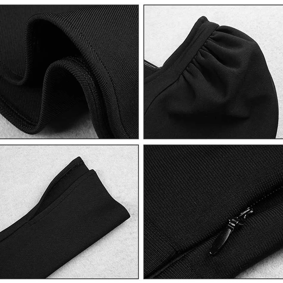 Fashion Black Mini Dress Puff Sleeve Design Square Neck Ruffle Celebrity Party Club Bandage Ladies Vestido 210527