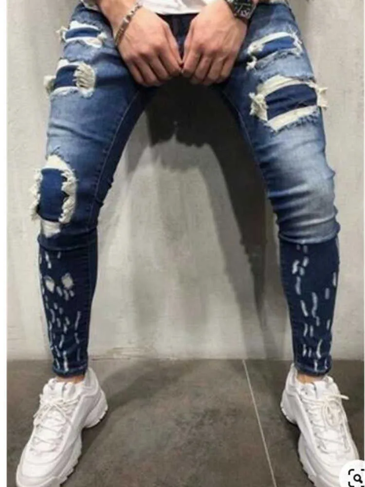 Autumn Moto & Biker jeans Ripped Patchwork Mens Jeans Pants Men Slim Stretch trousers blue hole Pencil Pants jeans For men X0621