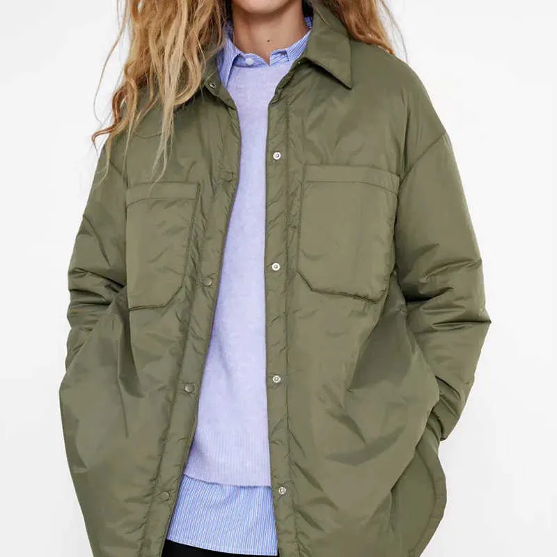 ZA Kadın Gömlek Ceketler Yeniliketin Parkas Mont Kadın Uzun Kollu Cep Gevşek Haki Giyim Streetwear Moda TRF COAT 211013