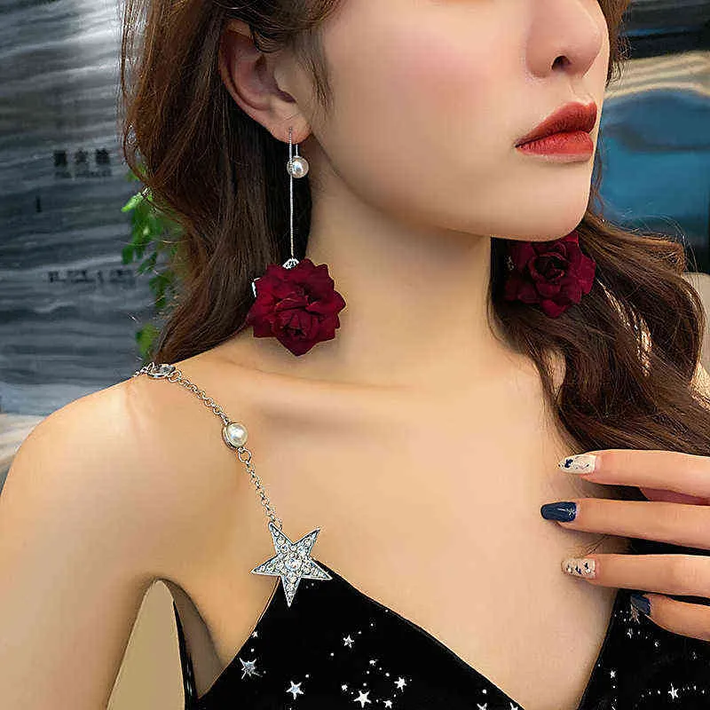 Elegant Red Rose Flower Drop Earrings For Women Long Tassel Rhinestone Butterfly Flowers Earring Bride Wedding Party Jewelry G220312