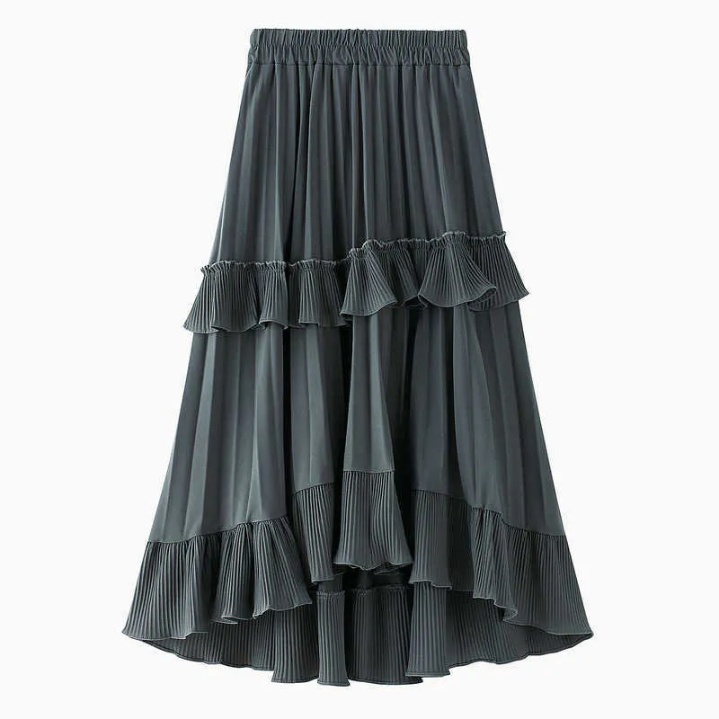 Black Beige Fashion Korean Ruffle Midi Long A-line Skirt Women Casual Spring Summer High Waist Irregular All-match Skirts Female 210629