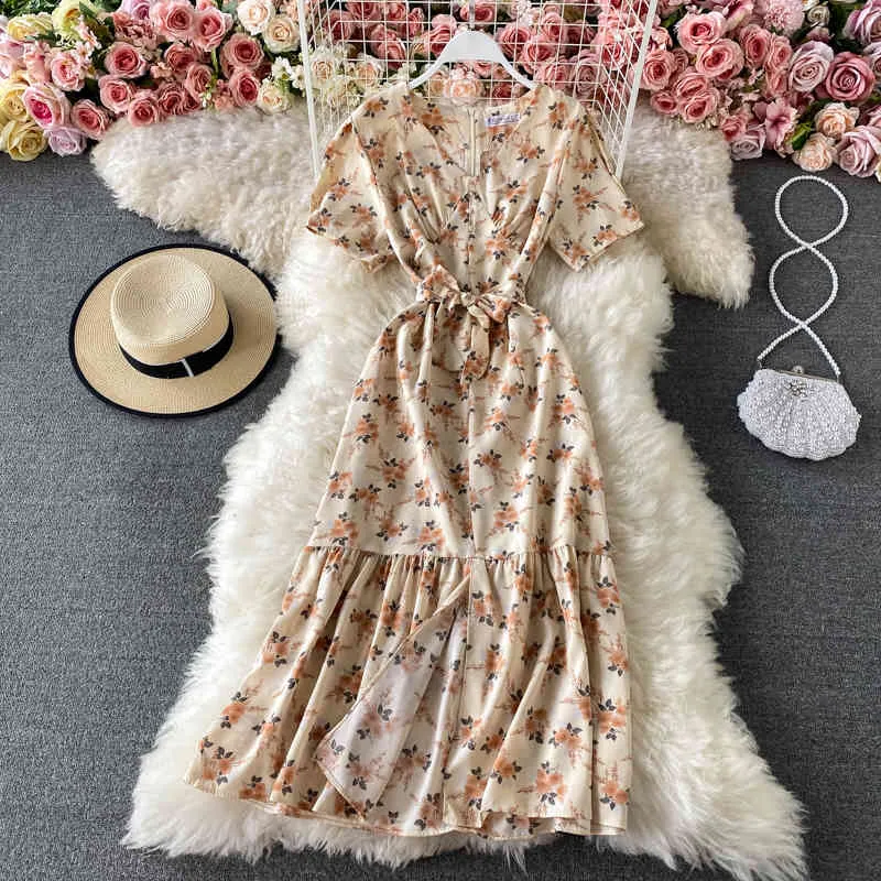Moda praia v-pescoço vestido feminino verão vintage sprufo manga lace-up cintura split floral longo boho vestidos 210420