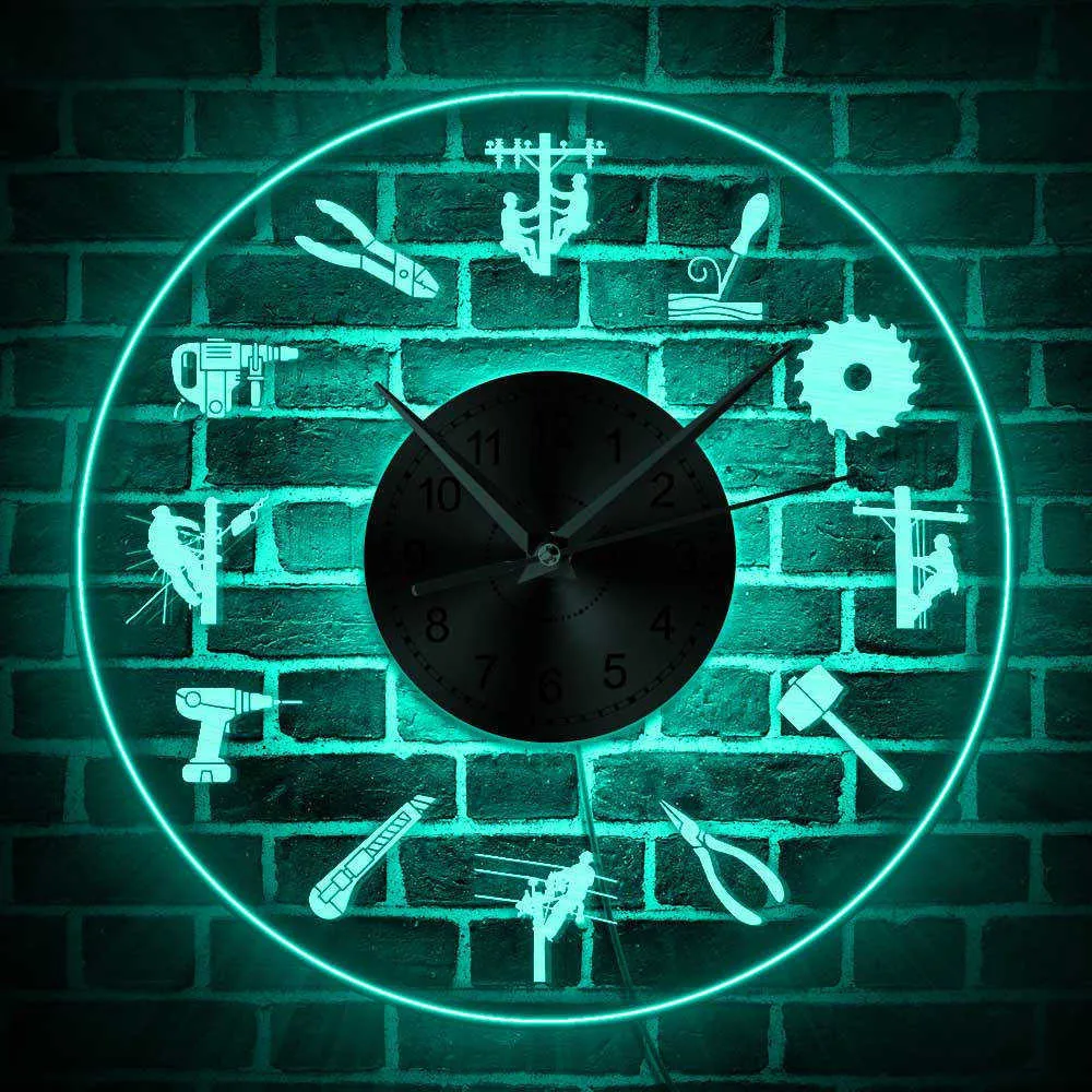 Électricien électrique Lineman Silhouette Éclairage LED Horloge murale Haut risque Lineworker Multi Couleur Changeante Décor LED Applique Murale X03394