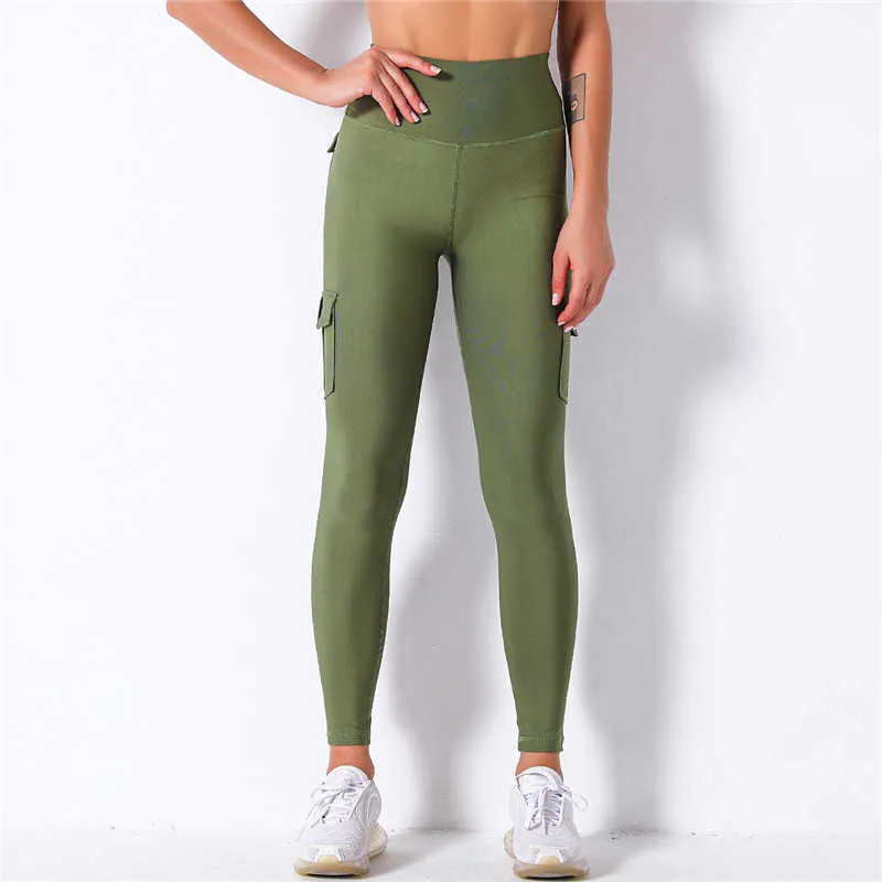 Nessaj höga midja fitness leggings kvinnor ficka solid färg push up legging kläder polyester 210925