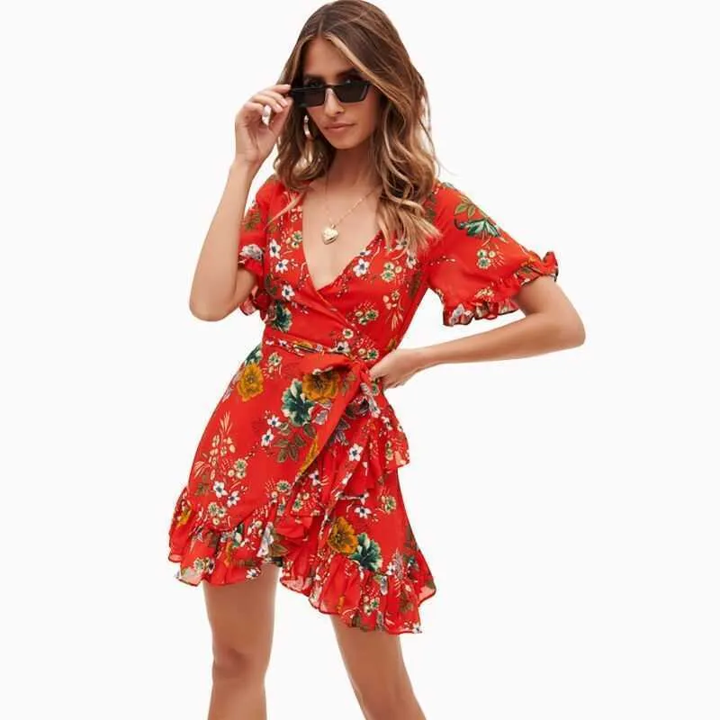 Leviortin Red Boho Короткое платье Женщины Сексуальное V-образным вырезом рюшачьего пляжа Летний цветочный мини Sundress 81953 210527