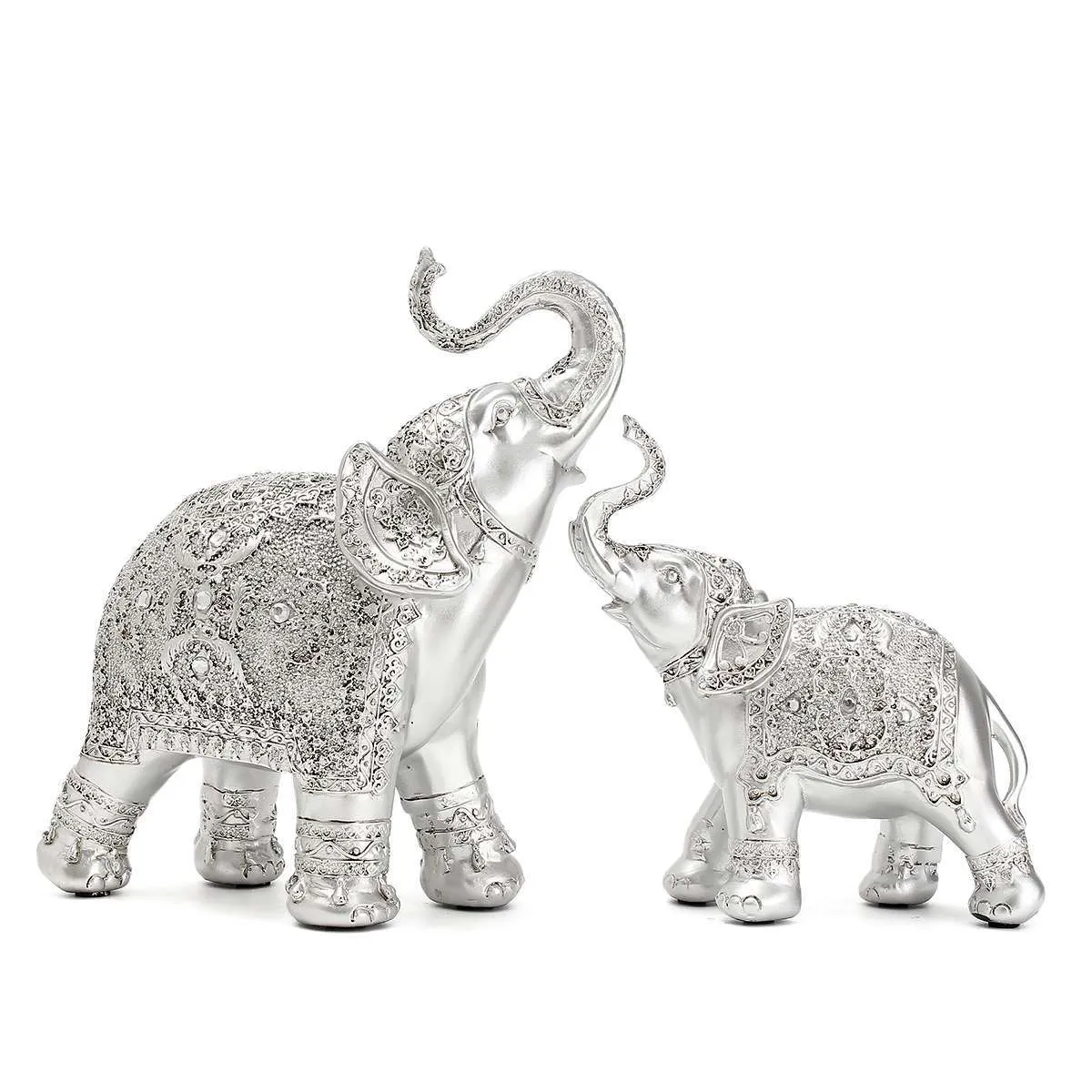 Moda 2 Pz / set Argento Polyresin Ornato Elefante Statua Fortunato Figurine Sculture Ornamenti Home Office Decor Artigianato Regalo 210414