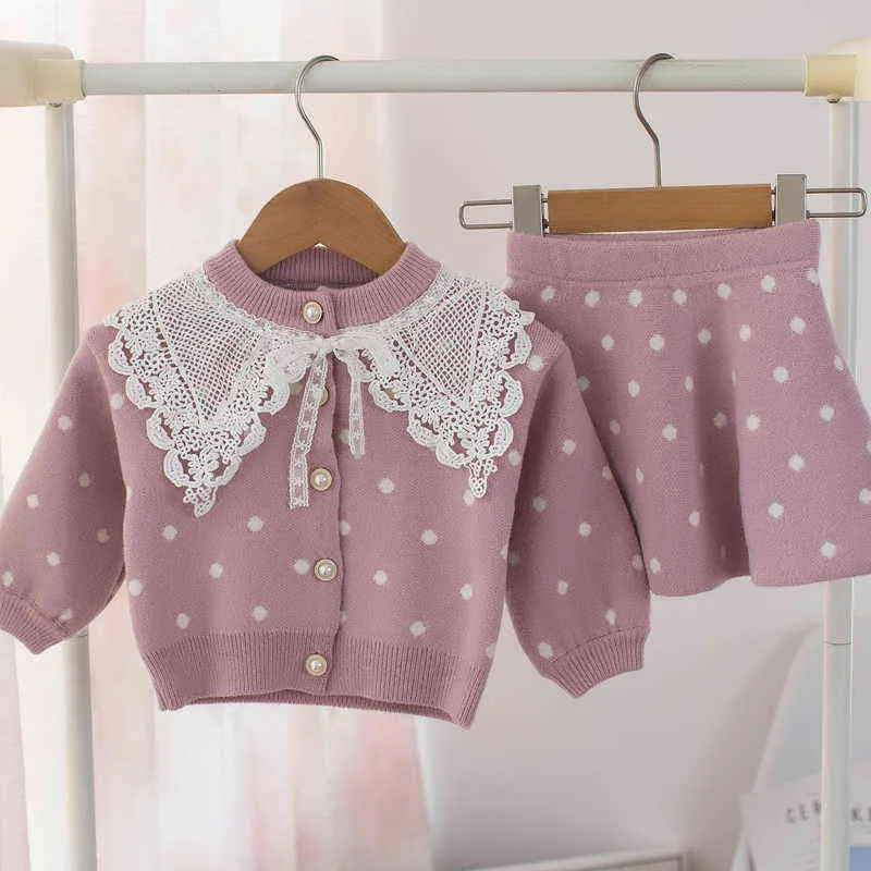 Baby Girls Одежда набор кружевной шерсти свитер костюм для девушки осень весна детей 2 шт. Одежда детская одежда рубашка юбка верхняя одежда 211224