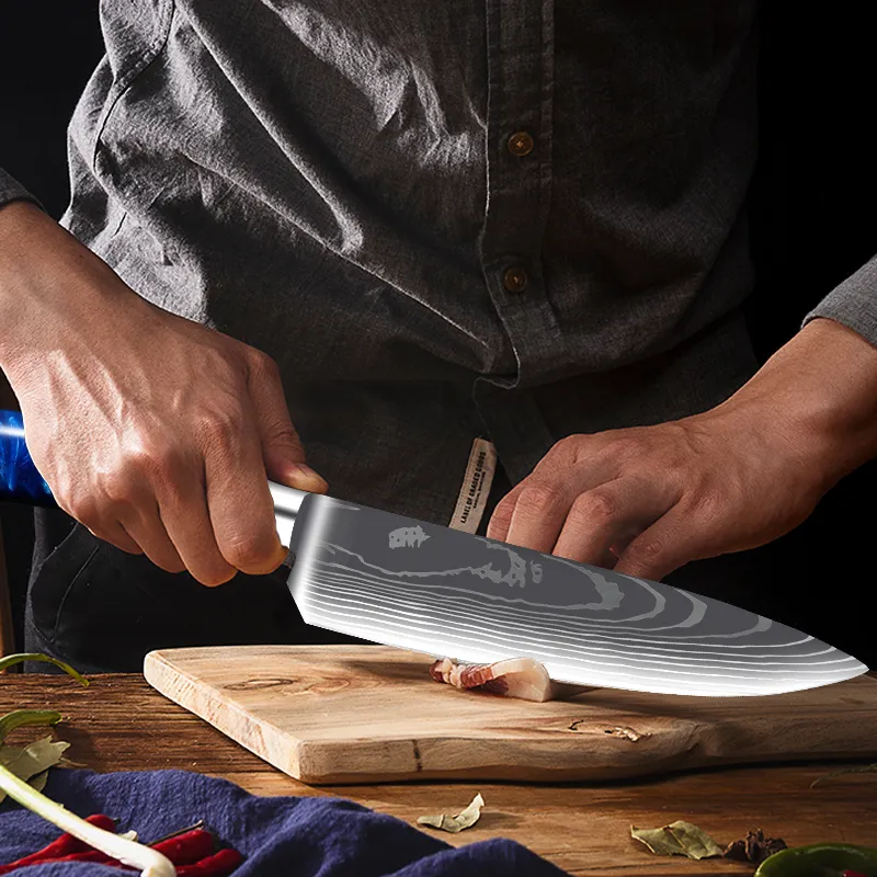 Ensemble de couteaux de chef en acier inoxydable Couteaux de cuisine Professionnel japonais Santoku Cleaver Sharp Poignée en résine Laser Motif Damas Sharp Utility Slicing Cooking Tool