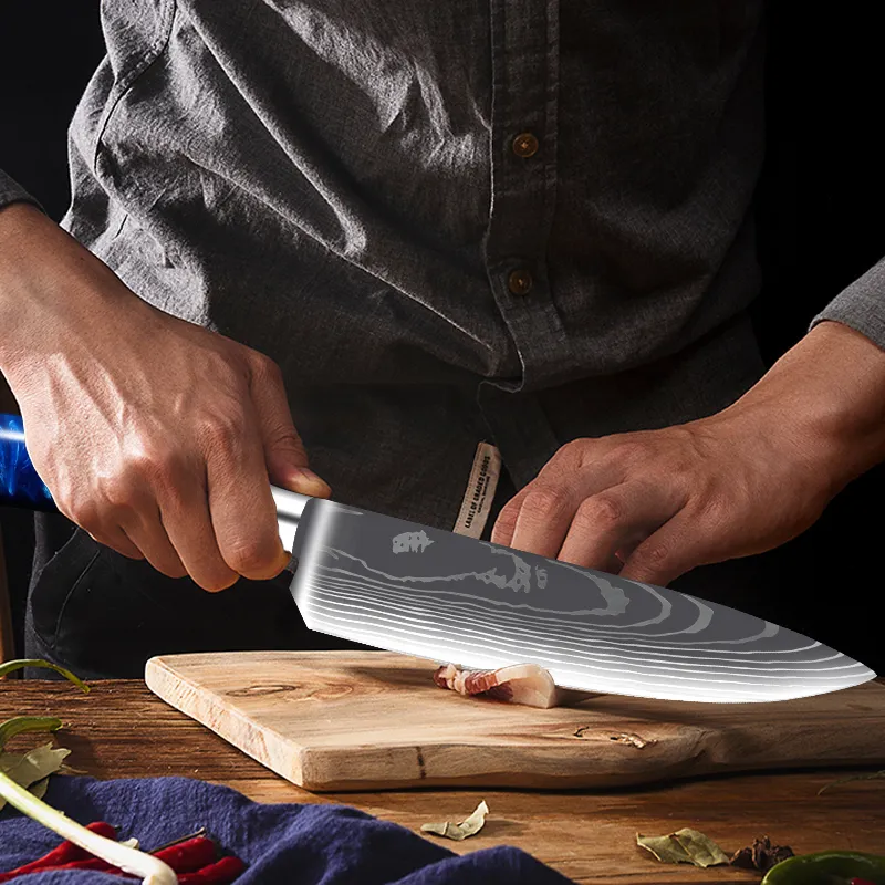 Faca de faca de chef de aço inoxidável Facas de cozinha Profissional japonês santoku cleaver resina nítida alça a laser damasco padrão shar2006084