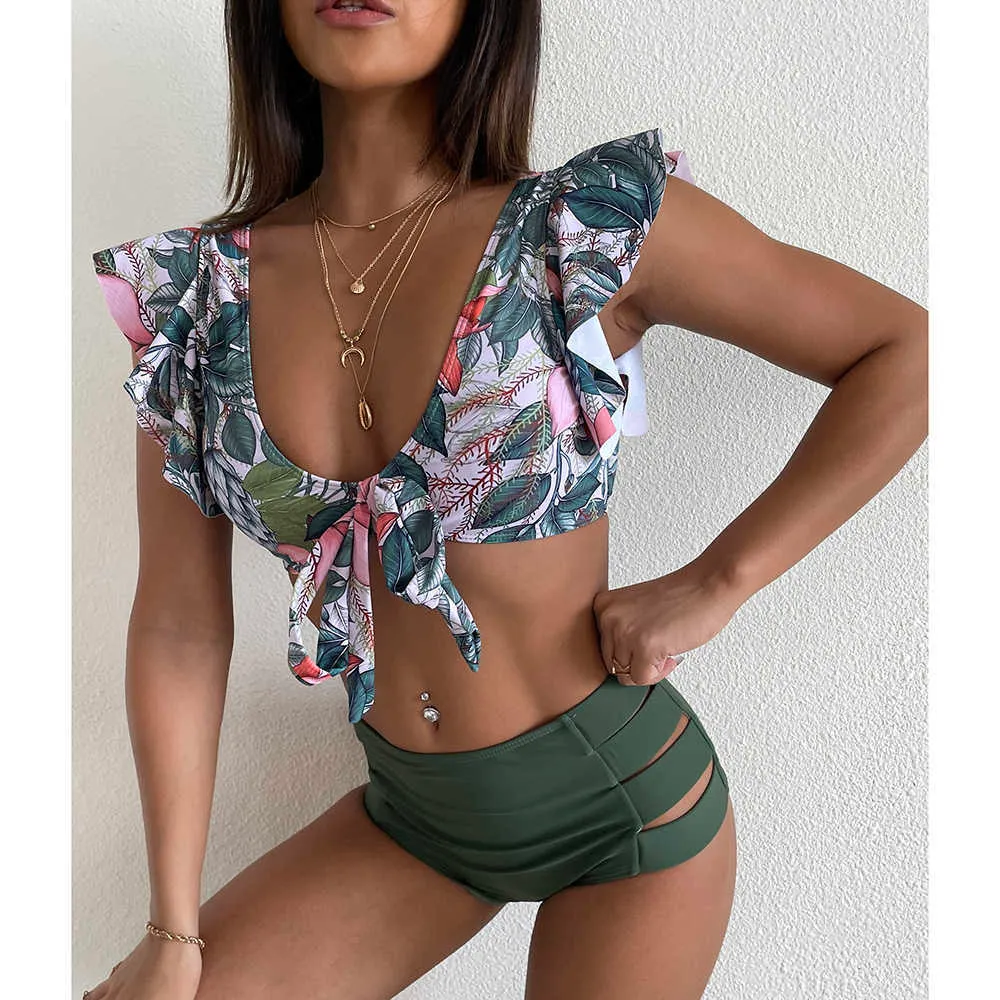 High Waist Bikini Ruffle Swimwear Women Print Sexy Swimsuit Push Up Bikinis Plus Size Bathing Suits Floral Beach Wear 210624