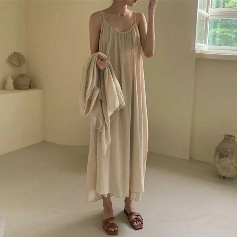 Korejpaa Women Sets Summer Korean Chic Ladies French Simple Leaky Clavicle Fold Sling Dress Loose Sunscreen Shirt Suits 210526