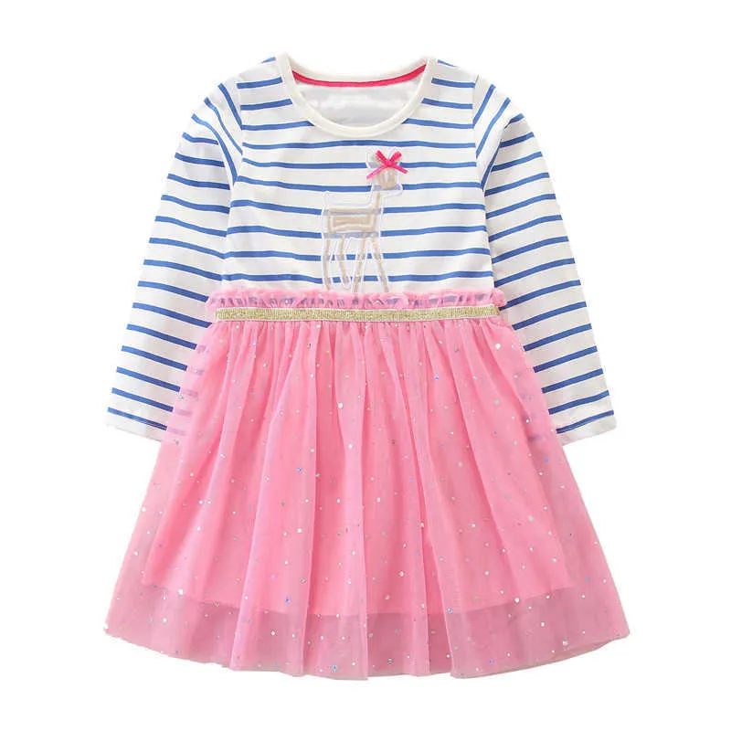 Jumping Meters Princess Girls Dresses Mesh Stars Party Fashion Dress Long Sleeve Children Clothes Birthday Baby 210529