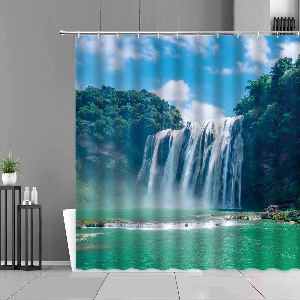 Sonnenuntergang Dämmerung Fluss Landschaft Duschvorhang Pflanze Blume Baum Wald Wasserfall Frühling Sommer Landschaft Home Decor Badezimmer Vorhänge 210609