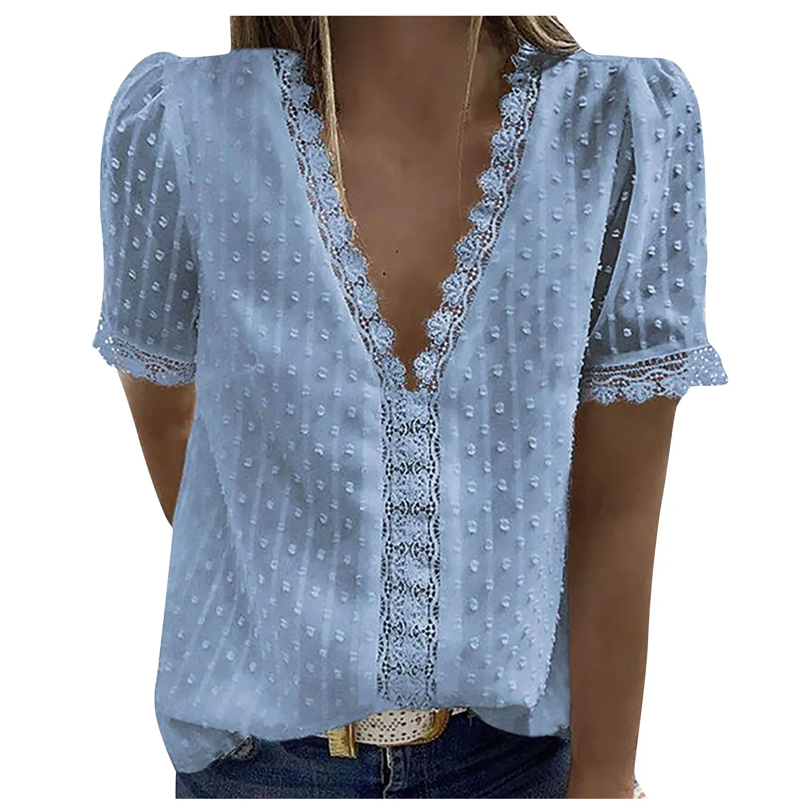 Designs S-3XL Vintage Blus för Kvinnor Sommarfjäder Skjortor Mode Lace Kortärmad Casual Shirt V-Neck Solid Färg Top