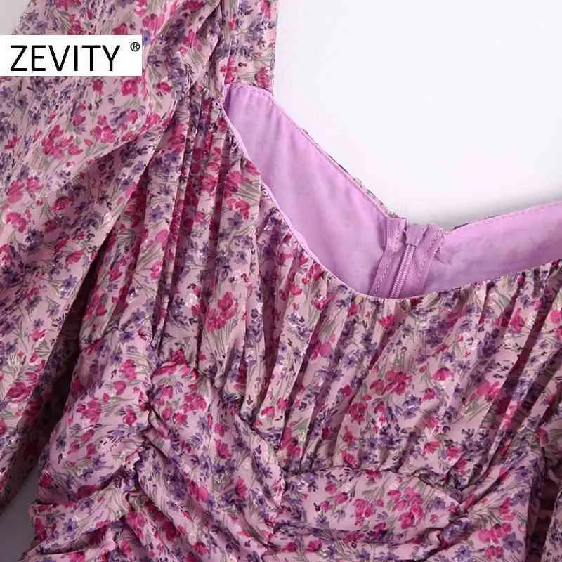 Mujeres moda cuello cuadrado estampado de flores plisado mini vestido dama puff manga casual vestidos delgados vestidos elegantes DS4526 210420