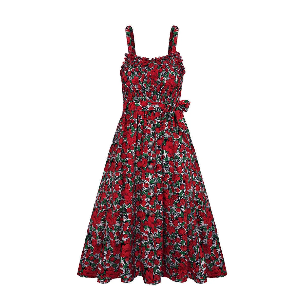 Femmes dentelle volants dot imprimés midi robe rouge été bohème a-ligne imprimé sans manches bouton élégant robe vintage femmes 210508