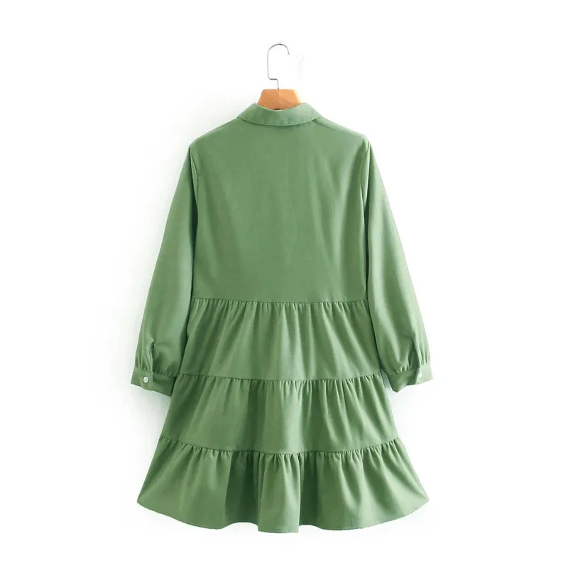 Зеленое рюшанное мини-платье женщины весенние моды карманы ошейник с длинным рукавом женщина повседневная короткая es 210519