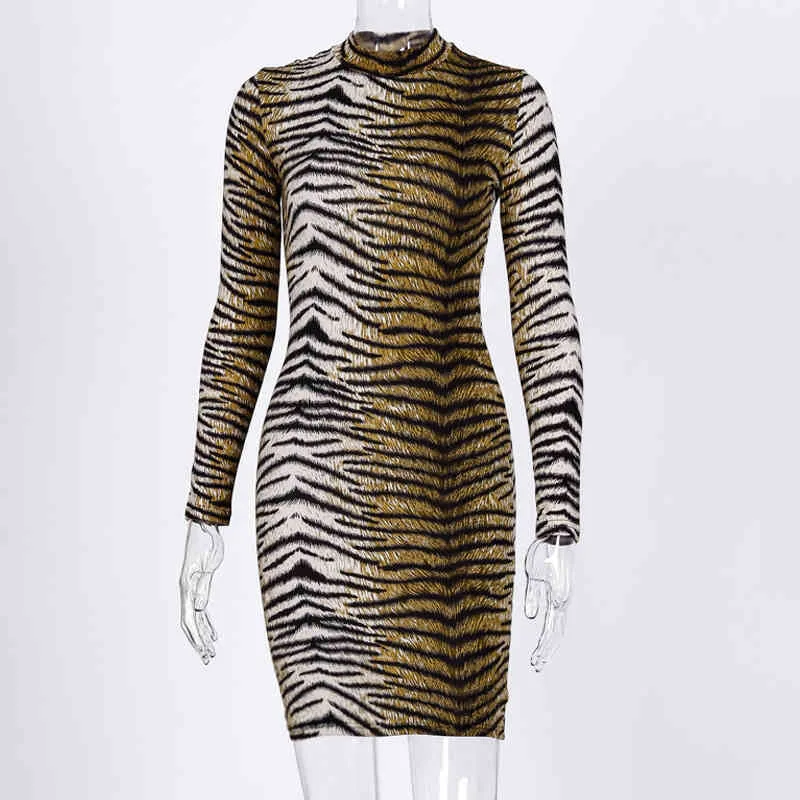 CNYISHE Léopard Imprimé Tigre Robe Femmes Mode Régulière À Manches Longues Casual Automne Gaine Sexy Femmes Robes Robes Robes 210419