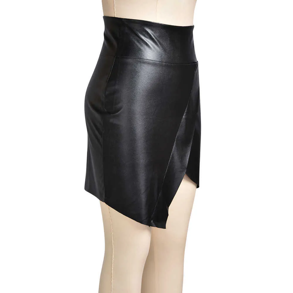 Damer vår sommar svart färg kort streetwear kvinna solid pu faux läder mini kjol kvinnlig sexig bodycon kjolar d30 210629