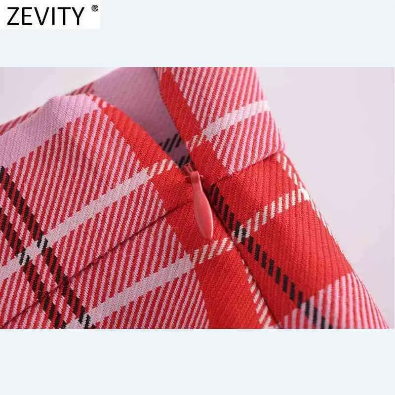 Zevity 새로운 여성 빈티지 붉은 색 격자 무늬 프린트 캐주얼 라인 미디 스커트 Faldas Mujer 여성 측면 지퍼 분할 슬리밍 Vestidos QUN743 210412