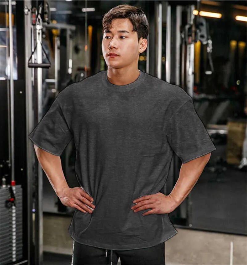 Marca simples ginásio roupas de fitness dos homens oversized t camisa ao ar livre hip hop streetwear solto meia manga camiseta musculação tshirt 2219f