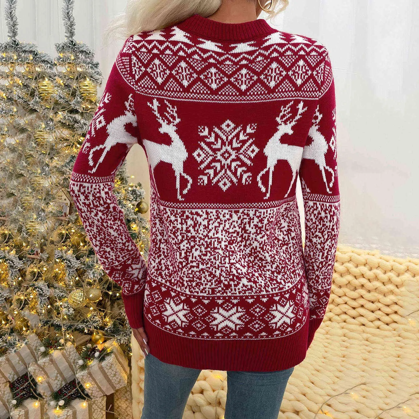 Dames Kerstmis wol gebreide ronde hals eland print lange mouwen trui vrouwen winterkleren pull femme jerseys mujer invierno y1110