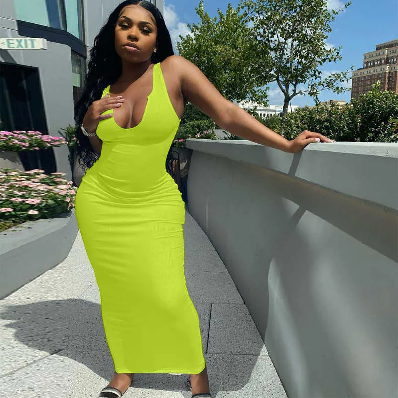 Ribbed Knitted Stripe Women Sleeveless Midi Dress V Neck Bodycon Sexy Streetwear Party Club Elegant Spring Summer 210604