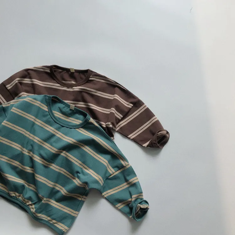 1-6年の女の子ソフトコットン長袖Tシャツの赤ん坊かわいいラウンドネックストライプボトムリングシャツ幼児男の子トップス210413