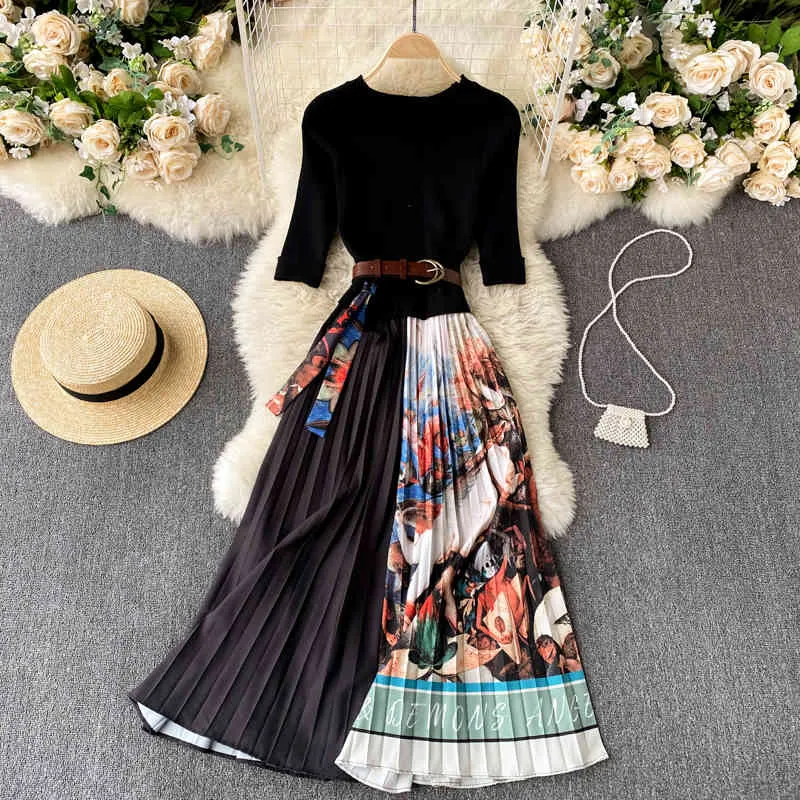 Singreiny Kvinnor Design Print Pleated Dress O Neck Kortärmad Sashes Splice A-Line Dresses Summer Casual Streetwear Midi Dress 210419