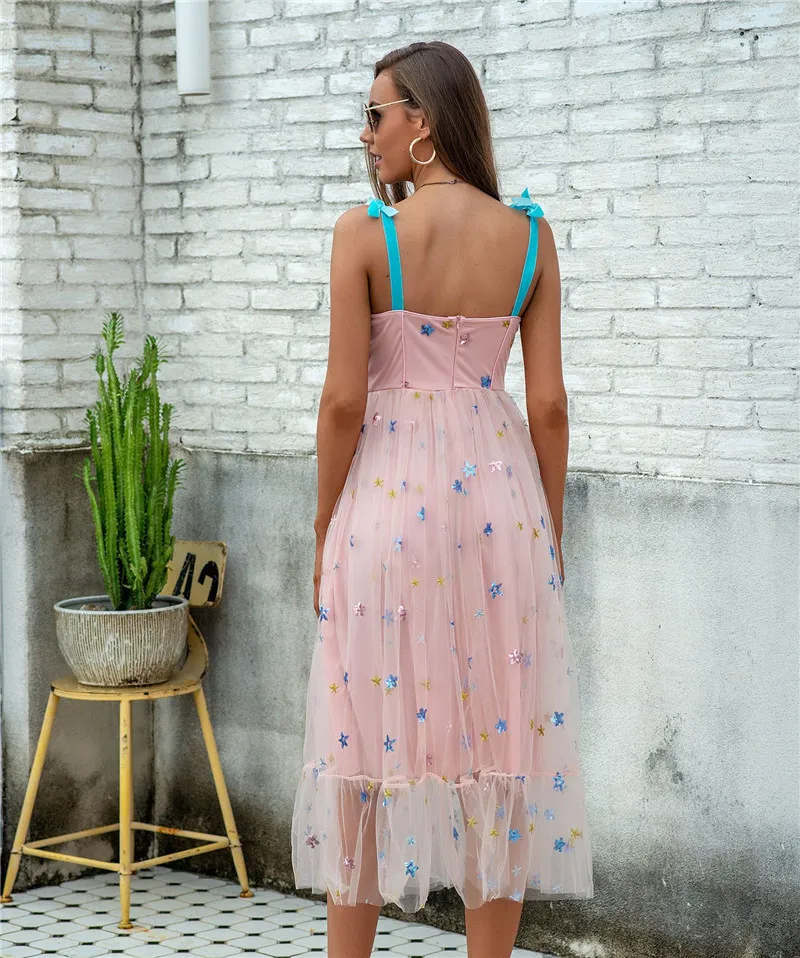 ISAROSE Blue Stars Paillettes Dress Summer Pink Mesh Dolce ricamato senza maniche Fashion Spaghetti Abiti Drop Shipping 210422