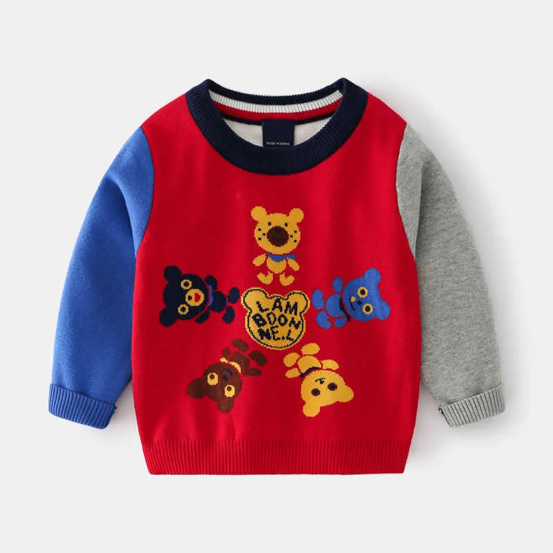 2T-8T Boys Tröjor 2021 Höst Vinter Baby Stickad Tröja Jumper Barn Pullover Toddler Kids Kläder Tecknad Bär Jacquard Y1024