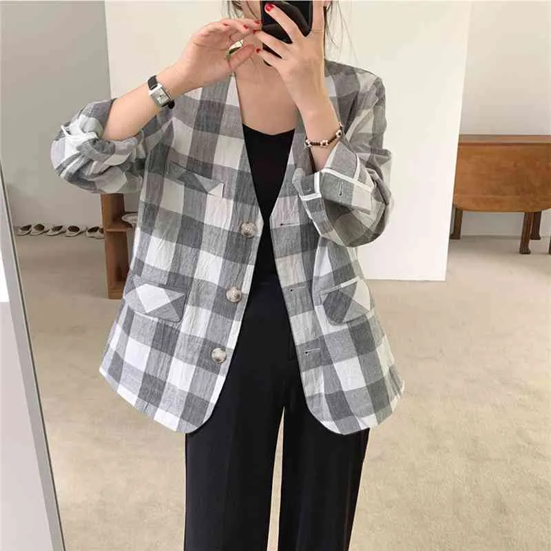 Comelsexy Office Lady Cotton Linen Blazers Formal Suit Jacket Loose Elegant Plaid Blazer Plus Size Women Tops 210515